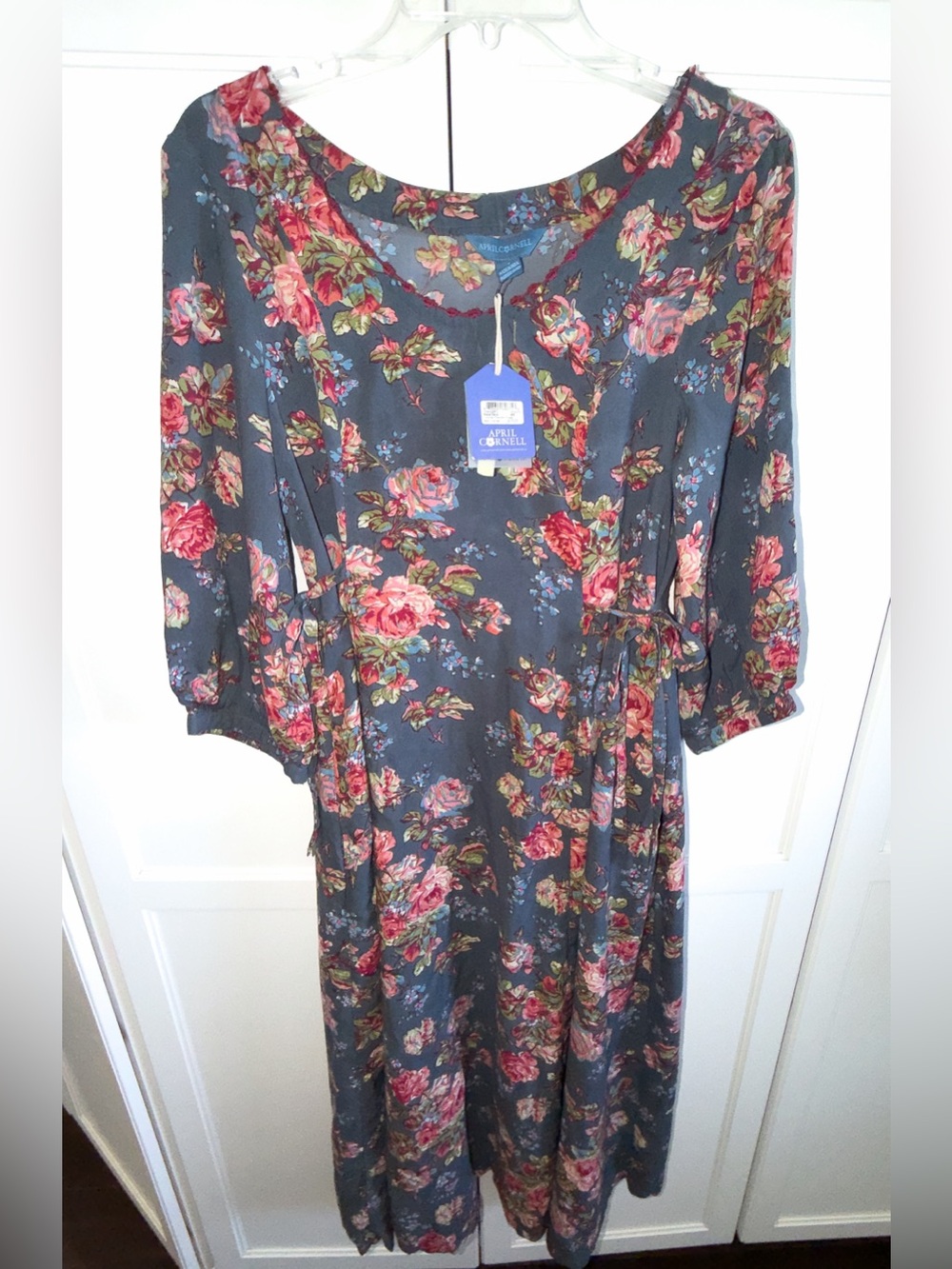New! April Cornell Victorian Rose Slate Blue Midi Dress Pink Roses Side Ties - Picture 2 of 12
